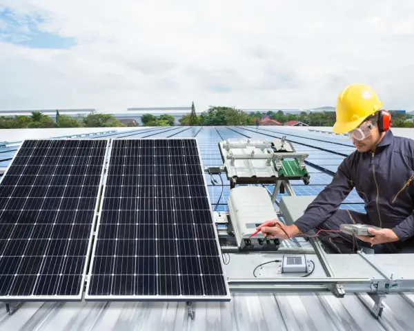 Technik w żółtym kasku sprawdza instalację solar edge na dachu. Panele słoneczne błyszczą w słońcu.