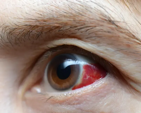 Occhio con forte arrossamento, possibile sintomo di complicanze del diabete.