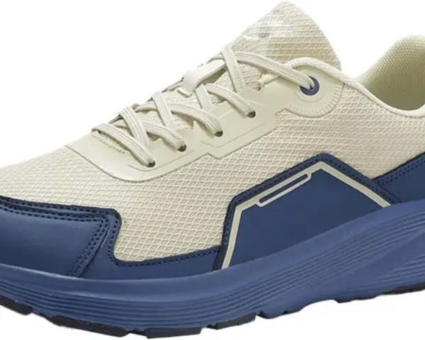 Scarpe grosse donna in tessuto beige e inserti blu. Suola spessa e comoda per ogni avventura.