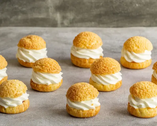 Douze petits choux pâtisseries garnis d'une crème onctueuse, prêts à être dégustés.