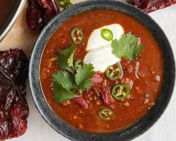 Un tazón humeante de chili con carne, adornado con crema agria, jalapeños y cilantro. Alrededor, chiles secos añaden un toque rústico.