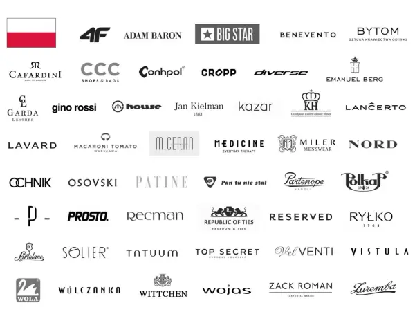 Logotypy polskich marek ubrań na k: 4F, Adam Baron, Big Star, Benevento, Bytom, Cafardini, CCC, Conhpol, Cropp, Diverse, Emanuel Berg, Garda Leather, Gino Rossi, House, Jan Kielman, Kazar, KH, Lancerto, Lavard, Macaroni Tomato, M.Ceran, Medicine, Miler...