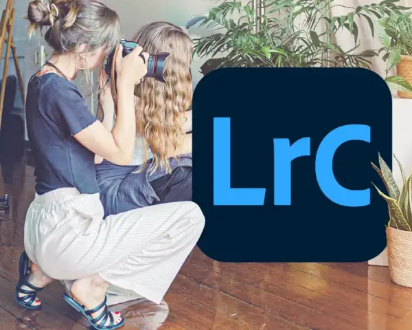 Fotografka robi zdjęcie, a obok logo Lightroom. Odkryj możliwości edycji zdjęć z Lightroom free.