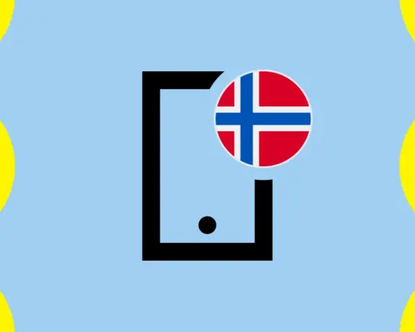 Ikona telefonu z flagą Norwegii na jasnoniebieskim tle z falistymi żółtymi bokami.