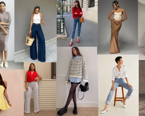 Collage di outfit semplici ma eleganti: abiti lunghi, pantaloni a palazzo, gonne midi e top chic.