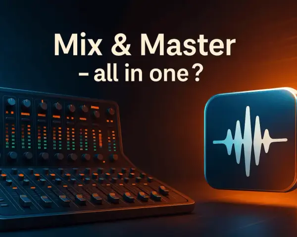 Ein Mischpult und ein Icon mit einer Schallwelle. Die Frage: Mix & Master – alles in einem?