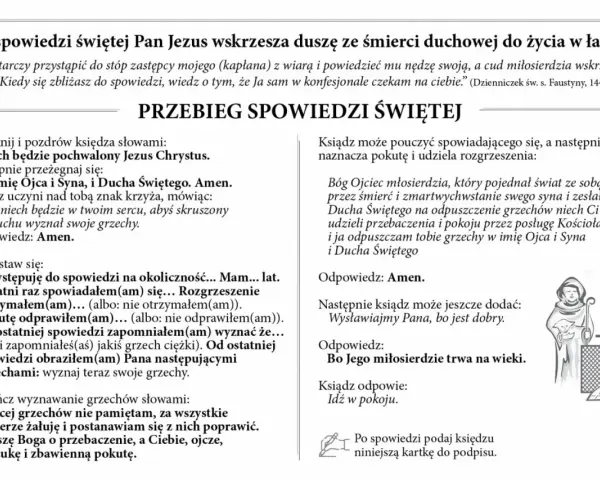 Tekst "spowiedź święta tekst" opisuje przebieg spowiedzi, modlitwy i formuły rozgrzeszenia.