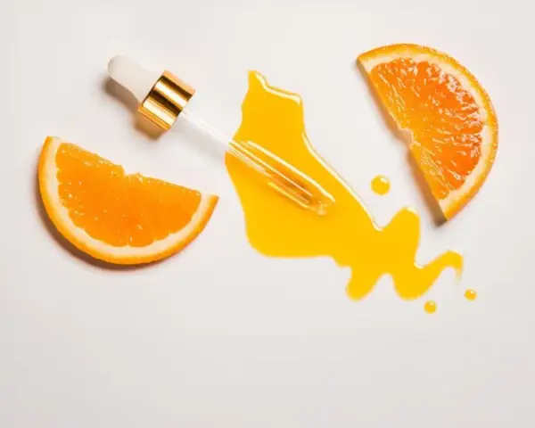 Orangenscheiben und ein Pipetten-Serum auf weißem Hintergrund. Vorsicht bei zu viel Vitamin C für die Haut, es kann Reizungen verursachen.