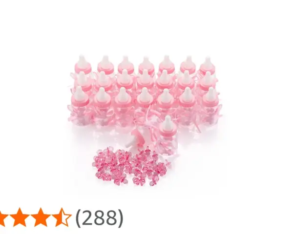 En stor godisask med många små rosa nappflaskor dekorerade med rosetter och små nappar.