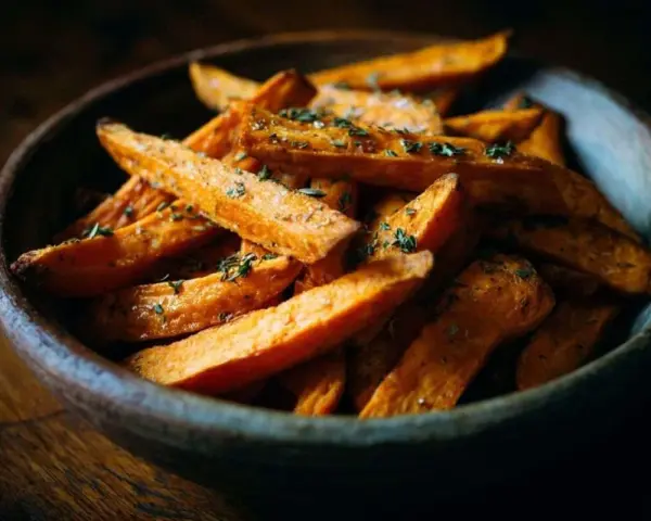 Un bol en bois rempli de frites de patate douce dorées et assaisonnées d'herbes.