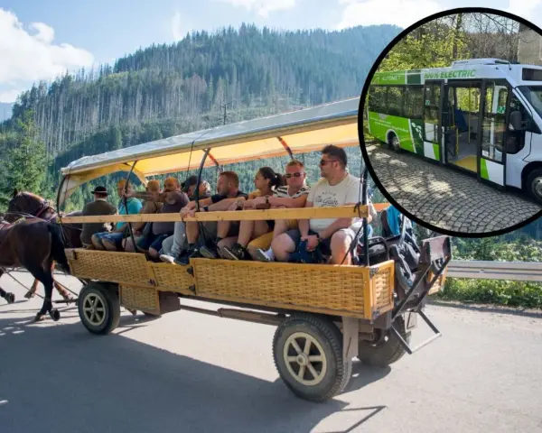 Tradycyjny wóz konny i nowoczesny bus elektryczny w Bukowinie Tatrzańskiej. Sprawdź cennik przejazdu do Morskiego Oka.