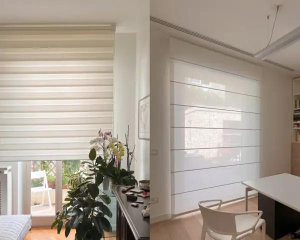 Due tende moderne, una a rullo a strisce alternate e una a pacchetto, mostrano la loro lunghezza ideale per ogni ambiente.