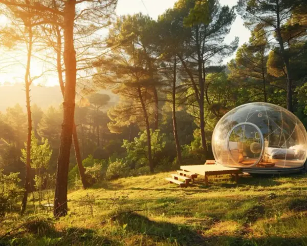 Cabane bulle transparente dans une forêt ensoleillée.