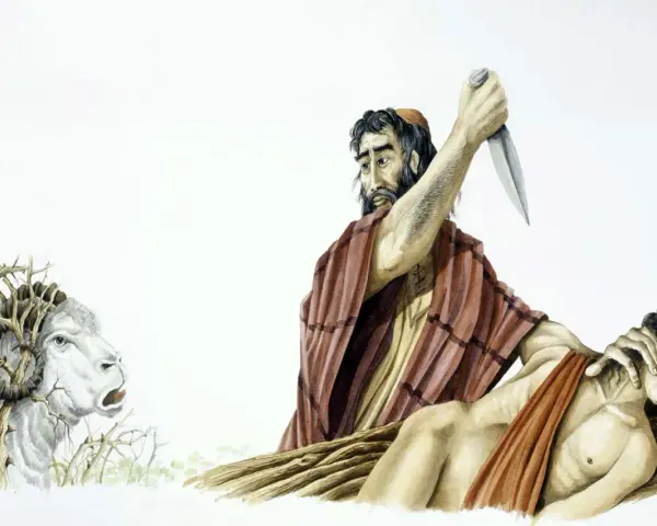 Abraham, a key figure in the Bible, is shown about to sacrifice his son Isaac. A ram caught in thorns is nearby.