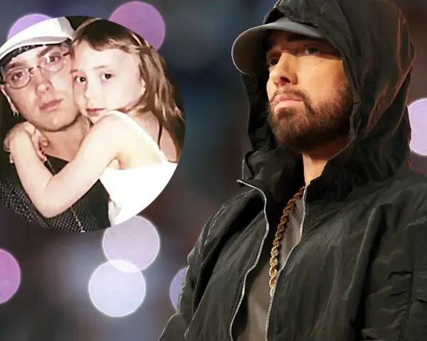Kto to Eminem? Raper w czarnej bluzie z kapturem i złotym łańcuchem, obok zdjęcie z córką.