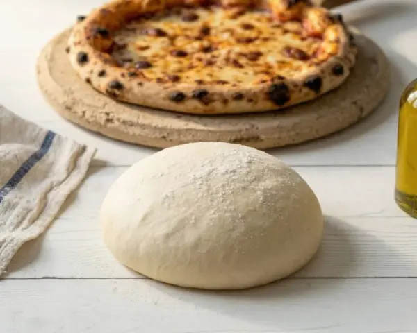 Świeże ciasto na pizzę, gotowa pizza, oliwa i ściereczka. Proste ciasto na pizzę zawsze wychodzi, a efekt jest pyszny!
