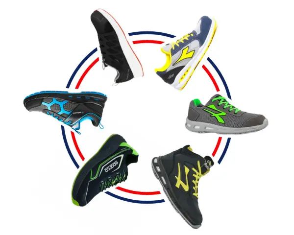 Cinque paia di scarpe sportive con diversi nomi modelli scarpe, disposte a cerchio su sfondo bianco.