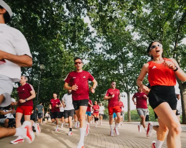 Corredores entrenan para el maratón Madrid 2026 en un día soleado, bajo la sombra de árboles frondosos.