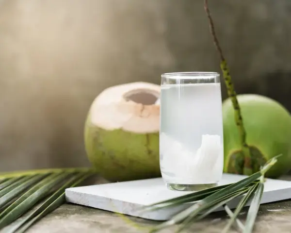 Un verre d'eau de coco, riche en potassium, à côté de noix de coco fraîches et de feuilles de palmier.