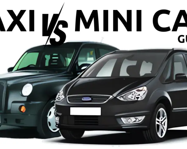 Ein schwarzer Londoner Taxi und ein schwarzer Minivan stehen nebeneinander. Der Text "TAXI VS MINI CAB GUIDE" ist darüber zu lesen.