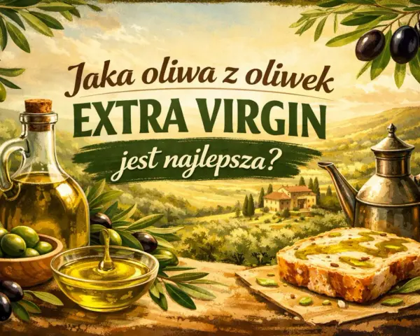 Jaka oliwa z oliwek EXTRA VIRGIN jest najlepsza? Butelka, miseczka i chleb z oliwą na tle śródziemnomorskiego krajobrazu.