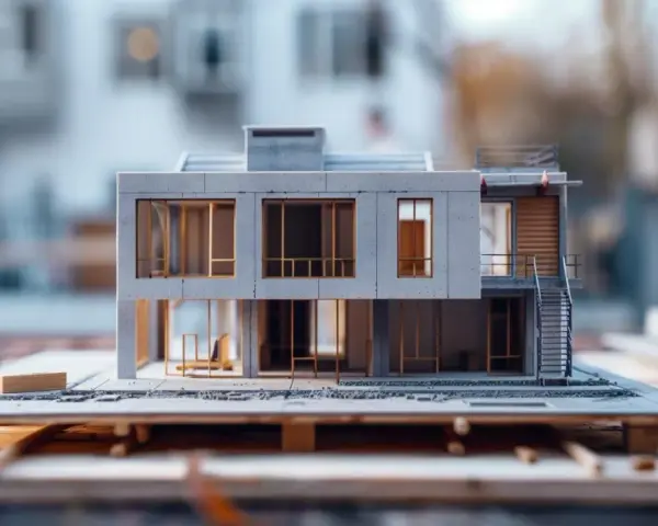 Model nowoczesnego domu z betonowymi elementami i dużymi oknami. Widać schody zewnętrzne i taras. To wizualizacja, która pomoże oszacować koszt adaptacji projektu.