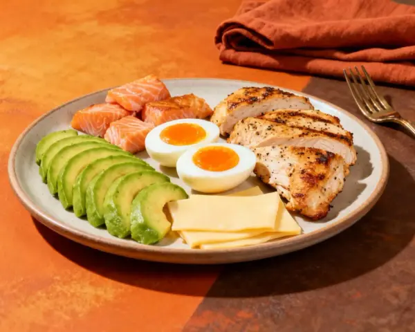 Tanie przepisy keto: grillowany kurczak, łosoś, jajka na miękko, awokado i ser. Zdrowy posiłek na talerzu.