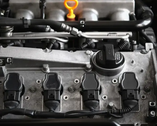 Silnik Volkswagena z widocznymi cewkami zapłonowymi. Błąd DTC P0030 może wskazywać na problem z sondą lambda.