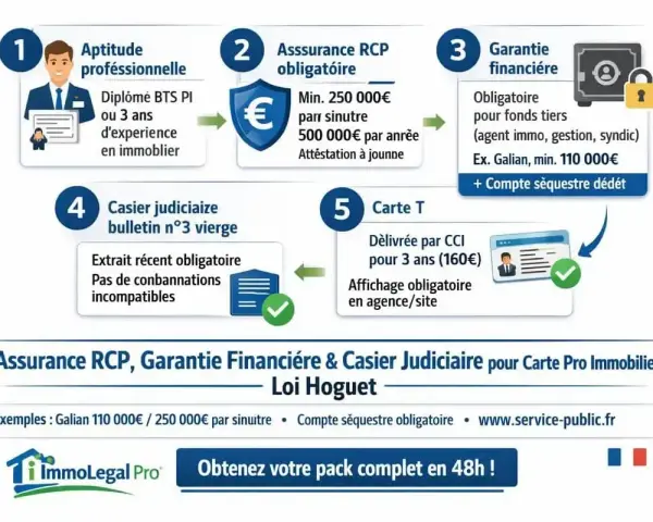 Schéma des 5 étapes pour obtenir le statut d'agent commercial immobilier : aptitude, assurance, garantie, casier judiciaire, carte T.