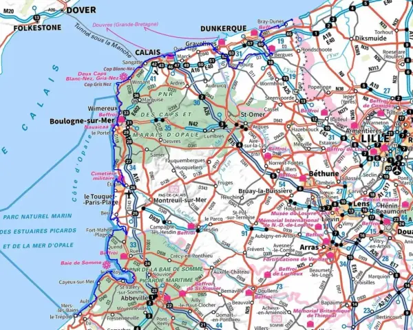Carte routière de la région des Hauts-de-France, montrant les villes, les routes et les points d'intérêt, avec un focus sur les 120 étapes de la région.