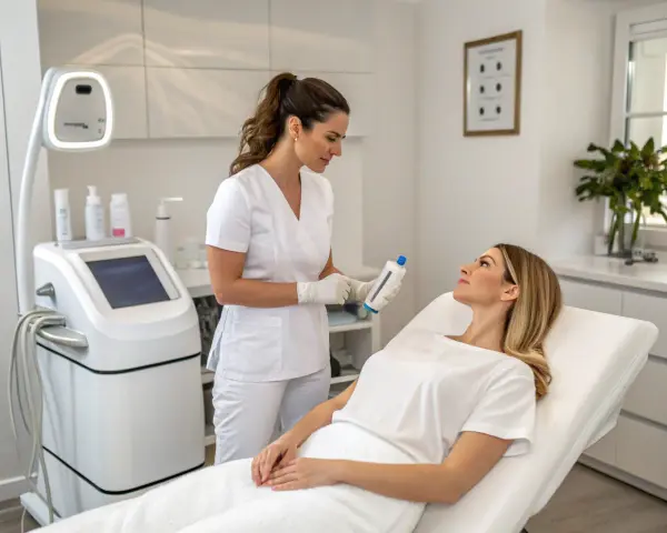 Kosmetolog prezentuje klientce preparat przed zabiegami dermatologicznymi.