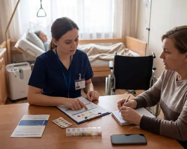 Podczas kursu opieki paliatywnej pielęgniarka omawia z pacjentką plan leczenia. W tle łóżko i wózek inwalidzki.