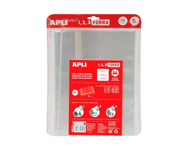 Paquete de 5 fundas transparentes APLI 1,2,3 FORRA para forrar libros de forma rápida y sencilla.