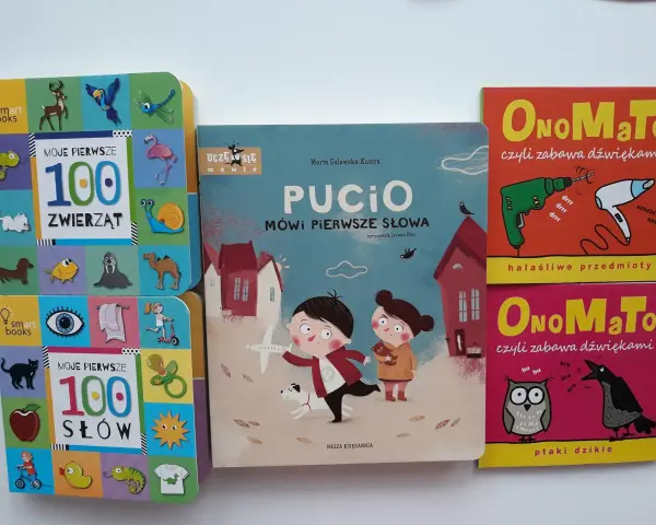 Książki do nauki mowy dla maluchów: "Pucio mówi pierwsze słowa", "Moje pierwsze 100 zwierząt", "Moje pierwsze 100 słów" i "Onomato".
