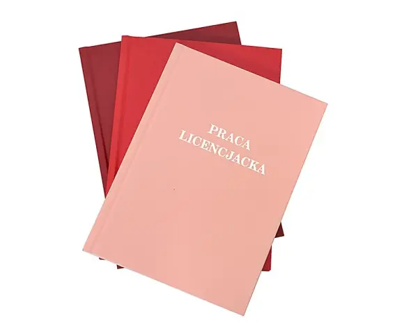 Trzy oprawione prace licencjackie w odcieniach czerwieni i różu, gotowe do drukowania.
