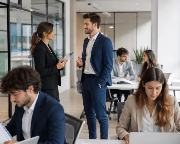 Il responsabile comunicazione discute con una collega in un ufficio moderno. Altri collaboratori lavorano ai loro tavoli.