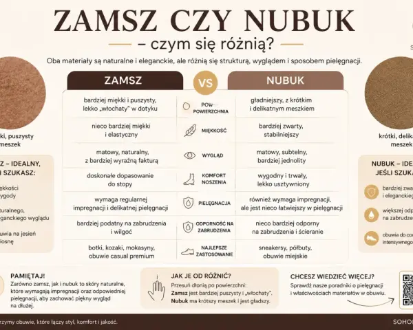 Porównanie zamszu i nubuku: zamsz jest miękki i puszysty, nubuk gładki z krótkim meszkiem. Oba wymagają pielęgnacji.