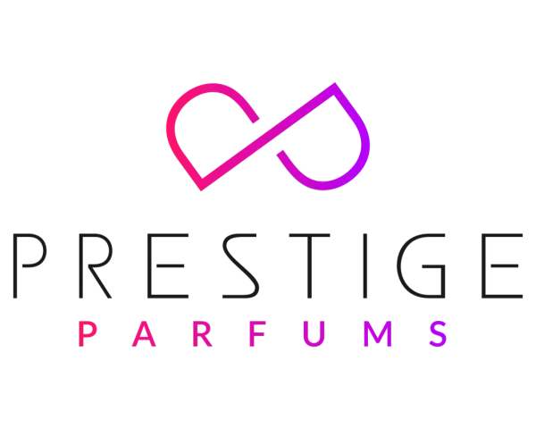 Logo luksusowe marki Prestige Parfums. Symbol nieskończoności w gradientach różu i fioletu nad napisem.