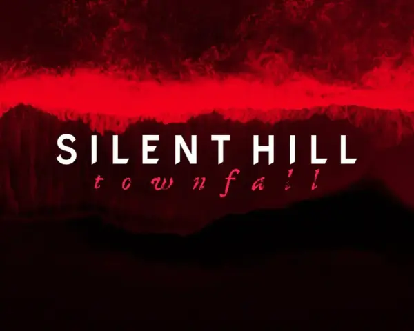 Napisy "SILENT HILL townfall" na tle czerwonych fal i mrocznych gór.