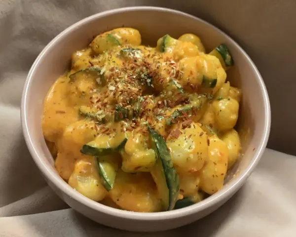 Puszyste gnocchi z cukinią w kremowym sosie, posypane ziołami i płatkami chili. Pyszne gnocchi z pesto w nowej odsłonie.