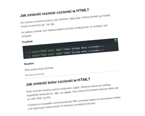 Fragment kodu HTML z przykładem zmiany rozmiaru czcionki i tekstem o różnej wielkości.