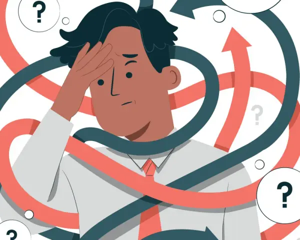 Homme stressé, entouré de flèches et de points d'interrogation, symbolisant la complexité d'une convocation inspection du travail.
