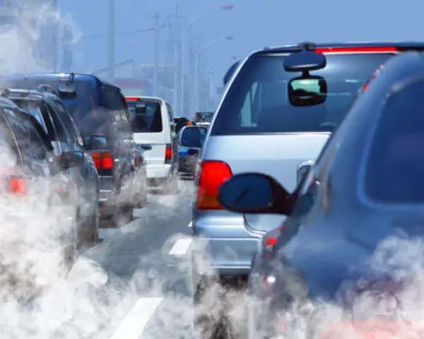 Tráfico denso con humo saliendo de los coches, reflejando la contaminación.