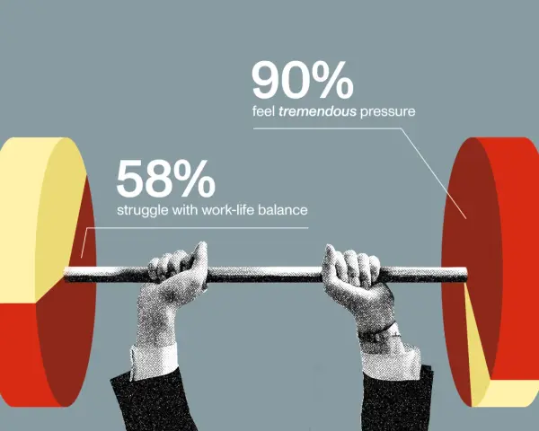 A nonprofit CEO struggles under the weight of immense pressure, with 90% feeling overwhelmed and 58% battling work-life balance.