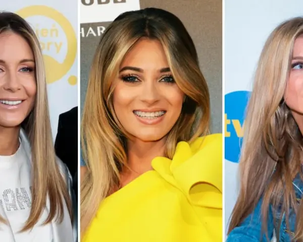 Trzy kobiety z długimi, **front blond** włosami: jedna w białej marynarce, druga w żółtej sukni, trzecia w dżinsowej kurtce.