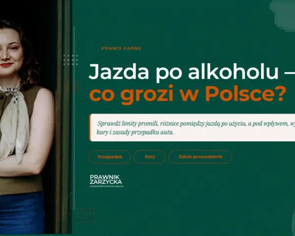 Kobieta w zielonej kamizelce i chustce na szyi, na tle tekstu o jeździe po alkoholu.