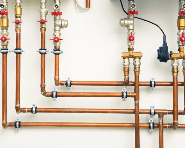 System hydrauliczny z miedzianymi rurami i zaworami. Różnica między złączkami PEX U czy TH jest kluczowa dla szczelności instalacji.