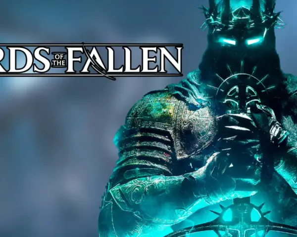 Un guerrero con armadura brillante y corona de espinas sostiene una espada. El logo "Lords of the Fallen" aparece en la esquina superior izquierda, sugiriendo un análisis del juego.