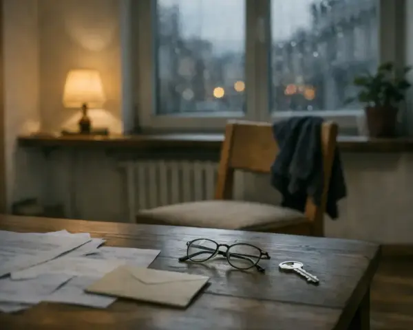 Na drewnianym stole leżą dokumenty, okulary i klucz. Może to symbolizować sprawy spadkowe, w tym zachowek od darowizny.