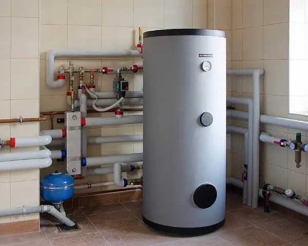 Duży, szary bojler stojący obok instalacji hydraulicznej z rurami i manometrami.